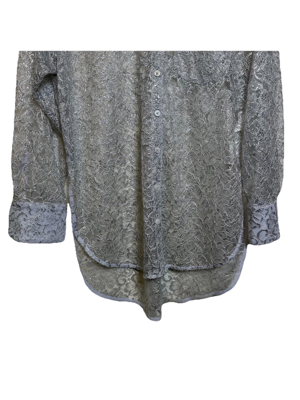 By Anthropologie Metallic Lace Buttondown Shirt Sz XS GRAY Part Top Long Sleeve - Picture 8 of 14